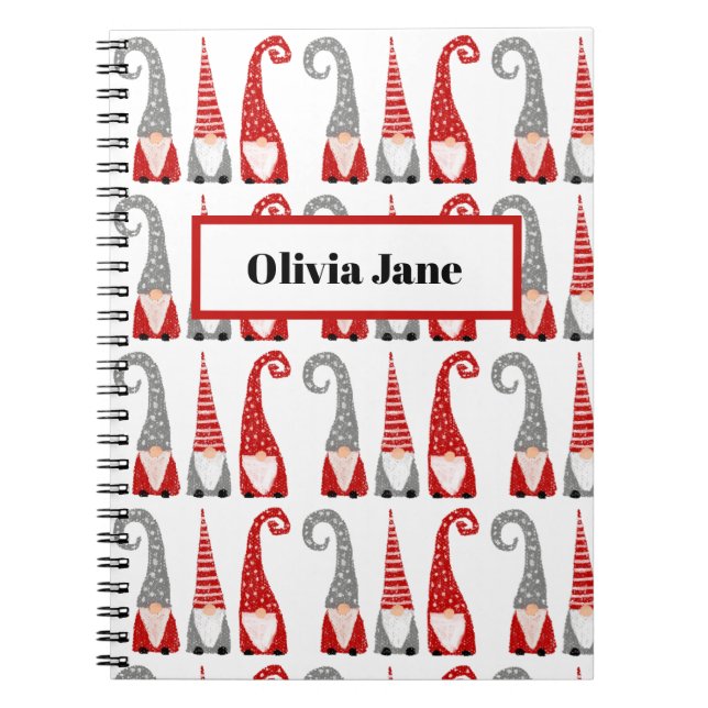 Christmas Swedish Gnomes Pattern Red Personalized Notebook (Front)