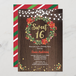 Christmas sweet 16 birthday wreath rustic invitation