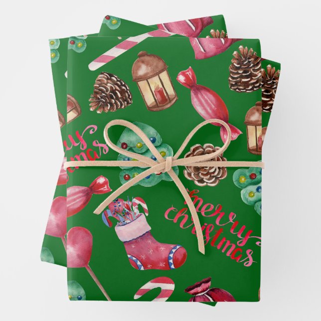 Christmas Sweets and Decorations Green  Wrapping Paper Sheets (In situ)