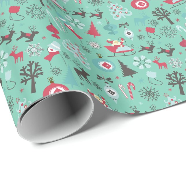 Christmas Symbol Pattern Mint Green Background Wrapping Paper (Roll Corner)