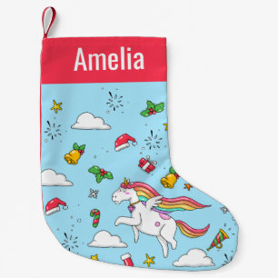 Christmas Symbols and Prancing Unicorn Name Small Christmas Stocking