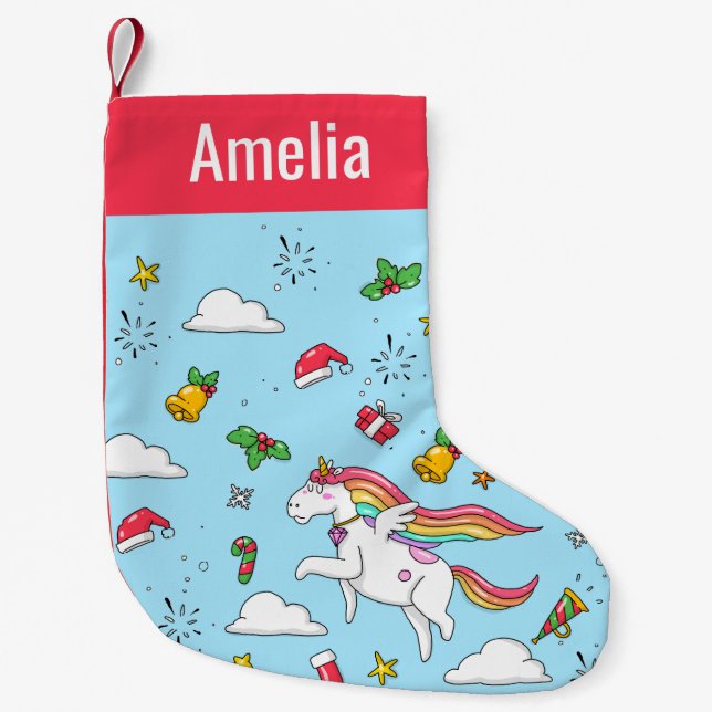 Christmas Symbols and Prancing Unicorn Name Small Christmas Stocking (Front)