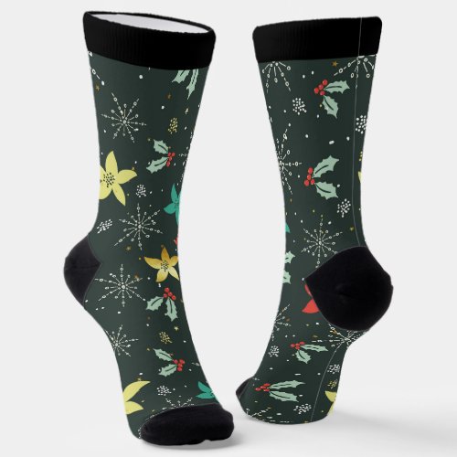 Christmas symbols and snowflakes pattern socks