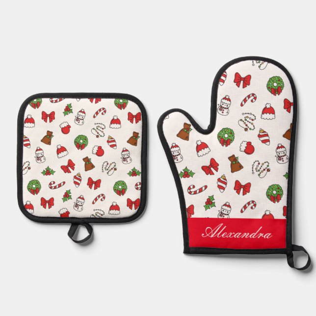 Christmas Symbols Pattern Santa Hat Custom Name Oven Mitt & Pot Holder Set (Front)