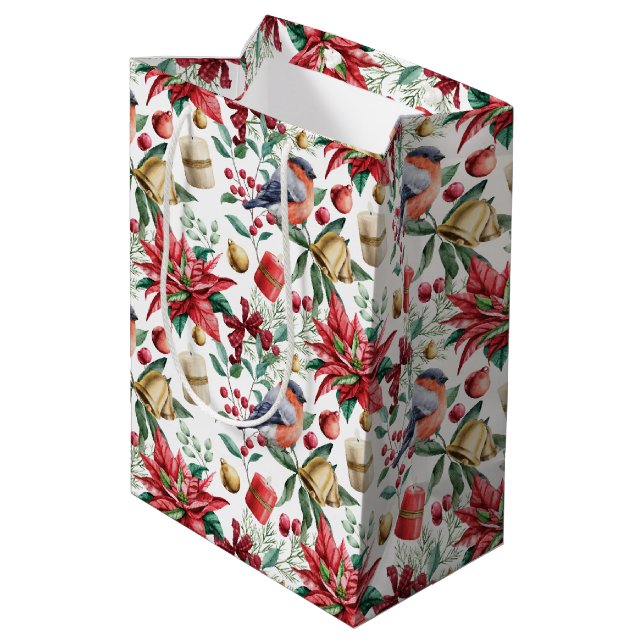 Christmas Symbols wit Poinsettia with Red Robin  Medium Gift Bag (Back Angled)