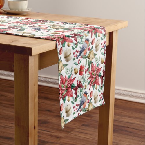 Christmas Symbols wit Poinsettia with Red Robin  Short Table Runner