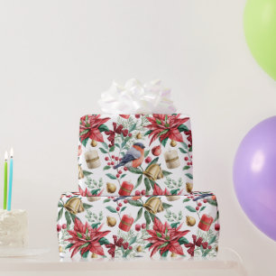 Christmas Symbols wit Poinsettia with Red Robin Wrapping Paper