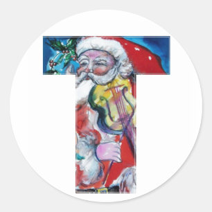 CHRISTMAS T LETTER / SANTA WITH VIOLIN MONOGRAM CLASSIC ROUND STICKER