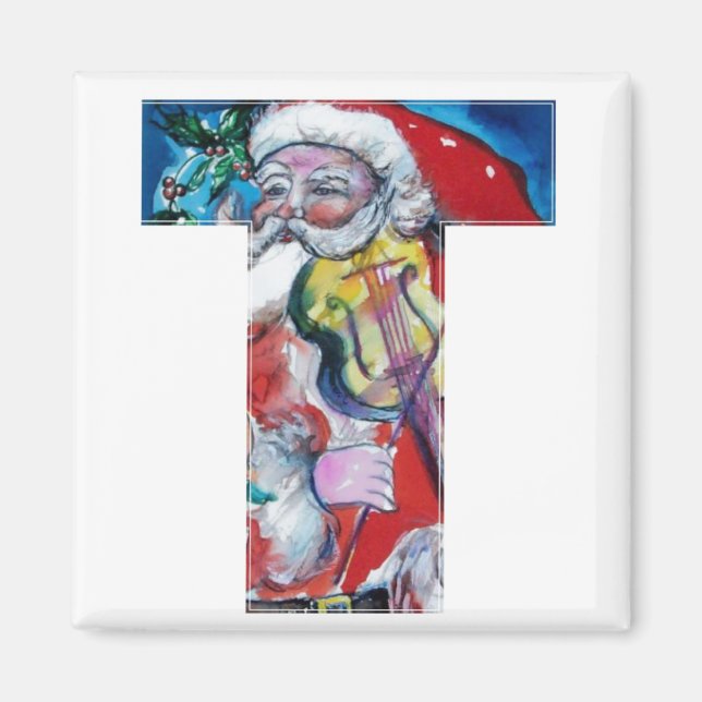 CHRISTMAS T LETTER / SANTA  WITH VIOLIN MONOGRAM MAGNET (Front)