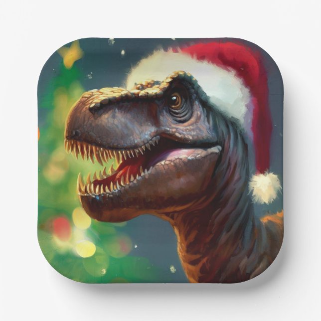 Christmas T-Rex 2 Paper Plates (Front)