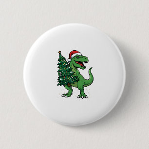 Christmas T-Rex Carrying Christmas Tree Button