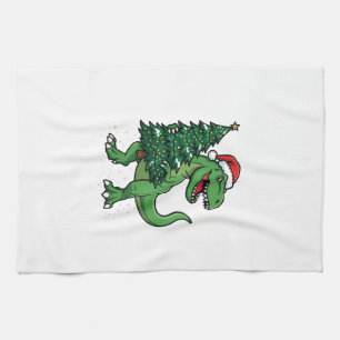 Christmas T-Rex Carrying Christmas Tree Kitchen Towel