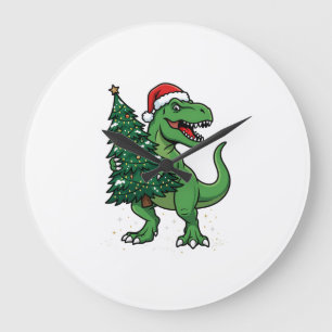 Christmas T-Rex Carrying Christmas Tree Large Clock