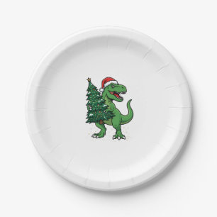 Christmas T-Rex Carrying Christmas Tree Paper Plates