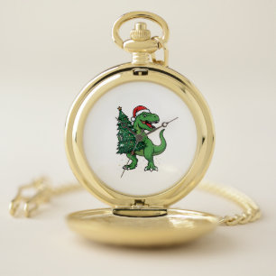 Christmas T-Rex Carrying Christmas Tree Pocket Watch
