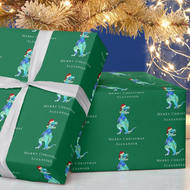 Christmas T-Rex Dino Personalized Boy Name Green Wrapping Paper (Dinosaur Christmas Personalized boy name green holiday wrapping paper Funny colorful T-Rex Santa)