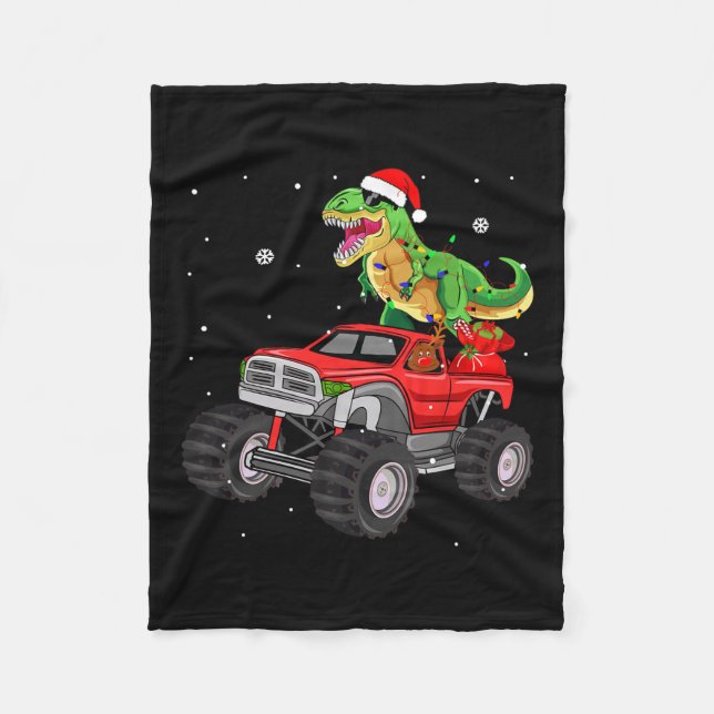 Christmas T Rex Dinosaur Truck Monster Santa Pajam Fleece Blanket (Front)