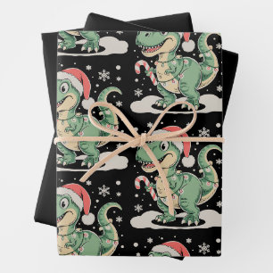 Christmas T Rex Dinosaur Xmas Santa Hat Holiday Wrapping Paper Sheets