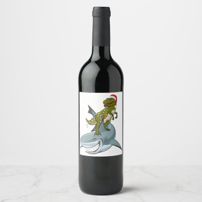Christmas T-rex with Xmas lights Rinding a Shark g Wine Label (Front)