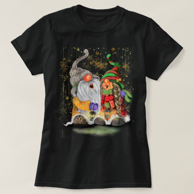 Christmas T-Shirt Gift Happy Singing Couple Gnomes (Design Front)