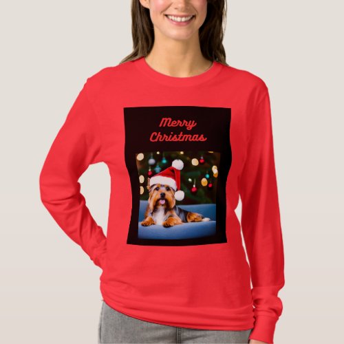 Christmas T_shirt Yorkshire terrier in Santa hat
