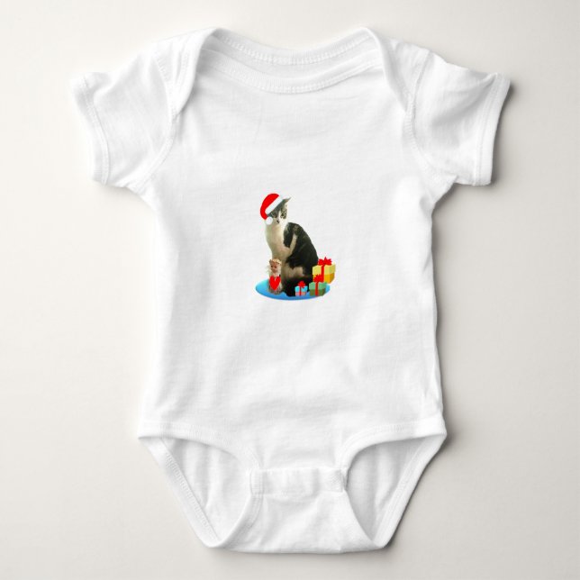 Christmas tabby cat and cute little angel baby bodysuit (Front)
