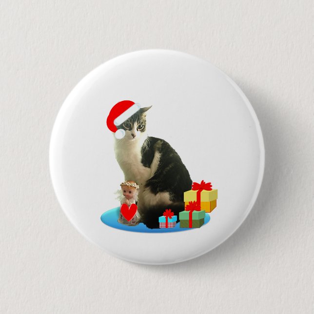 Christmas tabby cat and cute little angel button (Front)
