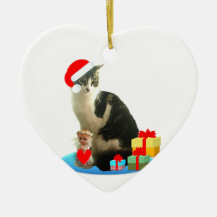 Christmas tabby cat and cute little angel ceramic ornament
