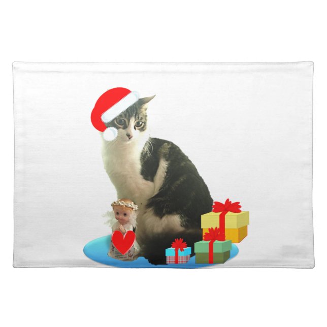 Christmas tabby cat and cute little angel cloth placemat (Front)