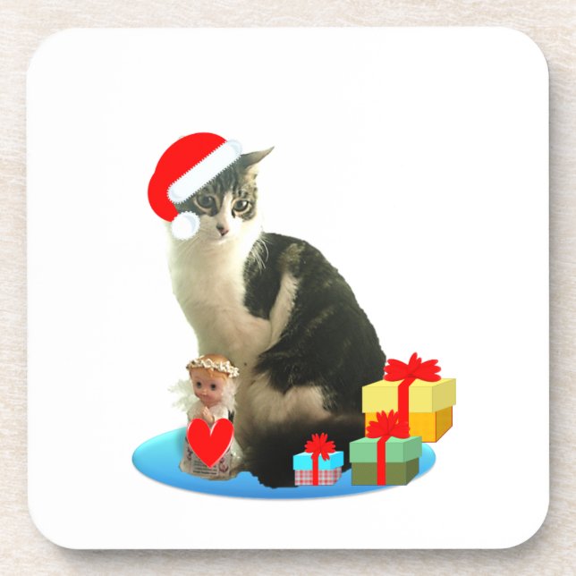 Christmas tabby cat and cute little angel drink coaster (Front)