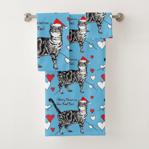 Christmas Tabby Cat Cool Cats Blue Red Towel Set