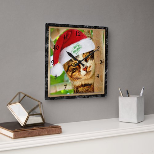 Christmas Tabby Cat Cute and Cuddly Square Wall Clock