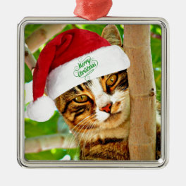 Christmas Tabby Cat in a Tree Metal Ornament