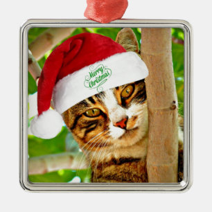 Christmas Tabby Cat in a Tree Metal Ornament
