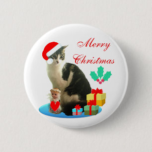 Christmas tabby cat, little angel & gifts button