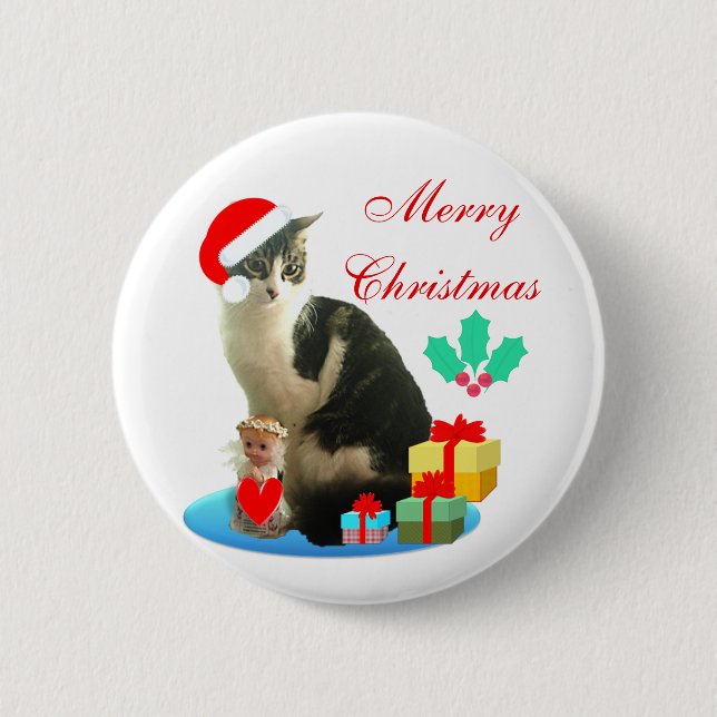 Christmas tabby cat, little angel & gifts button (Front)