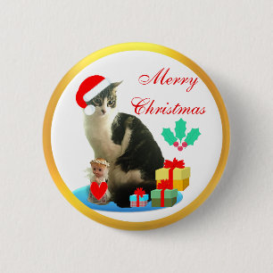 Christmas tabby cat, little angel & gifts button