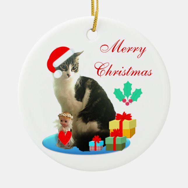 Christmas tabby cat, little angel & gifts ceramic ornament (Front)