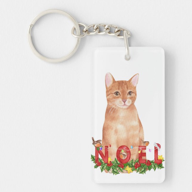 Christmas Tabby Cat Watercolor  Keychain (Front)