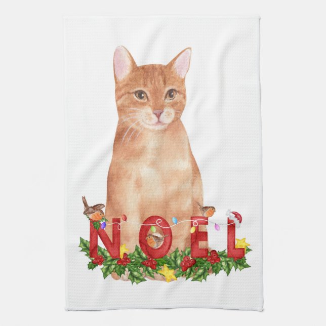 Christmas Tabby Cat Watercolor  Kitchen Towel (Vertical)