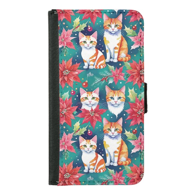 Christmas Tabby Cats With Poinsettias Samsung Galaxy Wallet Case (Front)