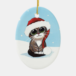 Christmas Tabby Kitten in a Santa Hat Ceramic Ornament