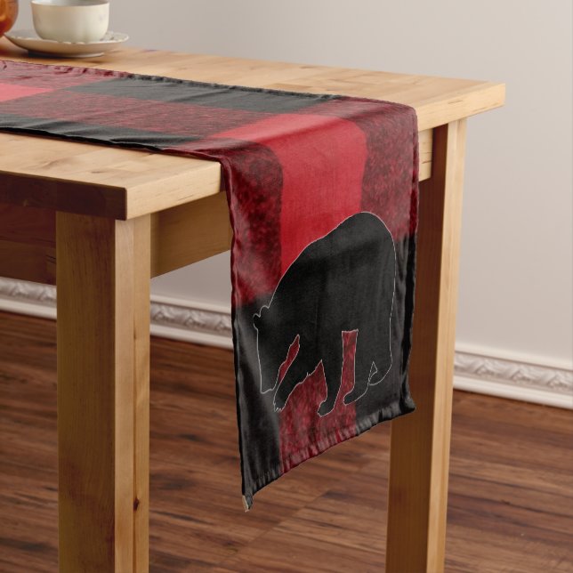 Christmas Table Runner Red Plaid Black Bear (In Situ)