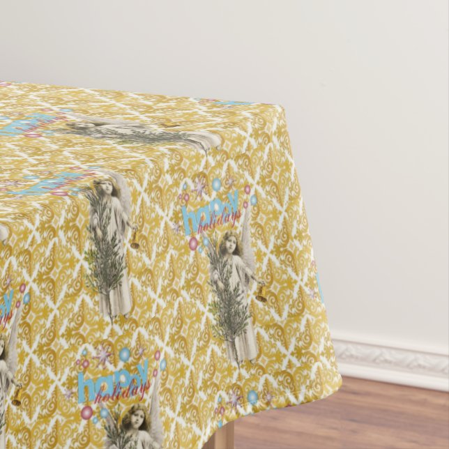 Christmas Tablecloth, Merry Happy Holidays Angels Tablecloth (In Situ)