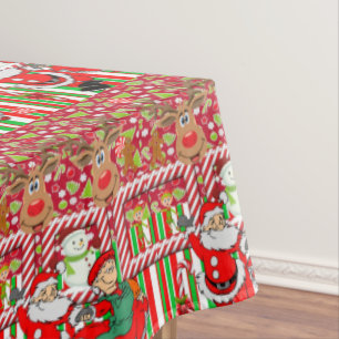Christmas Tablecloth, Merry, Snowman Santa Elf Tablecloth