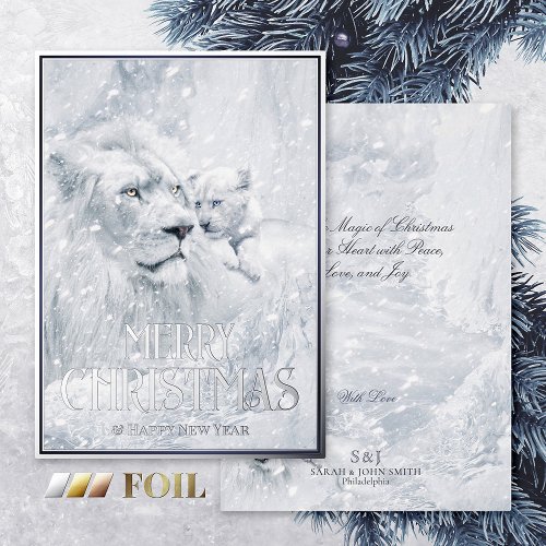 Christmas Tales White Lion Father  Son on Ice _ Foil Holiday Card