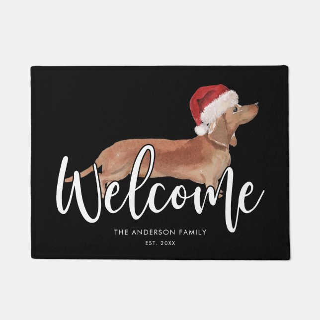 Christmas Tan Dachshund Personalized Black Doormat (Front)