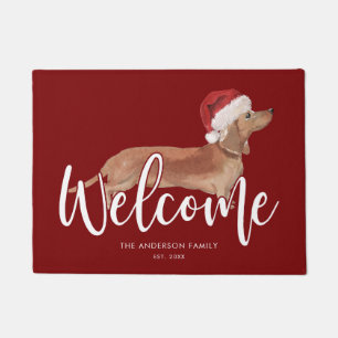 Christmas Tan Dachshund Personalized Red Doormat