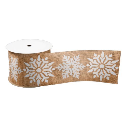 Christmas Tan Faux Burlap with Snowflakes Satin Ribbon