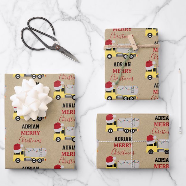 Christmas Tanker Truck Transportation Trucks Kraft Wrapping Paper Sheets (Front)